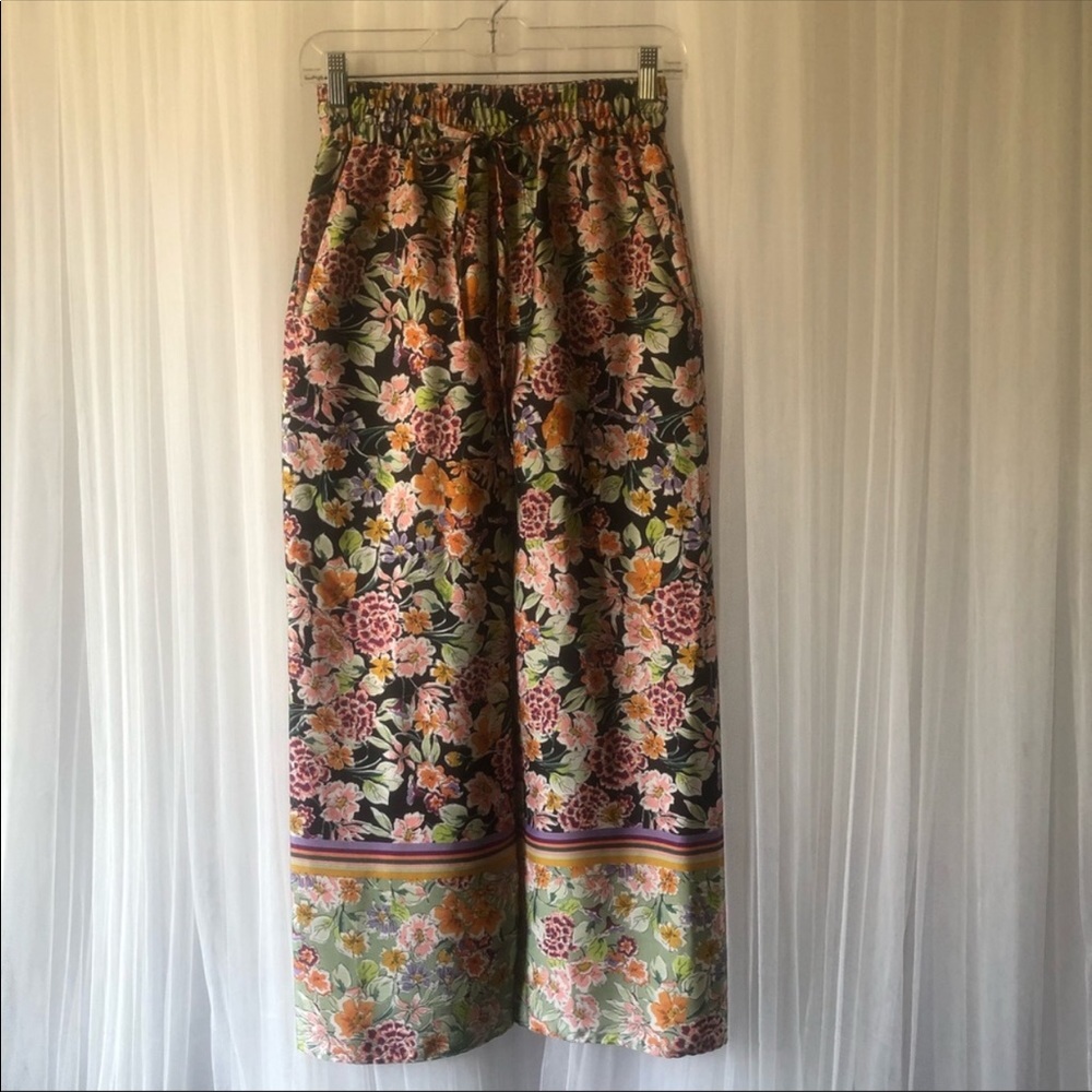 ZARA WOMAN Flower Print Drawstring Wide Leg pants